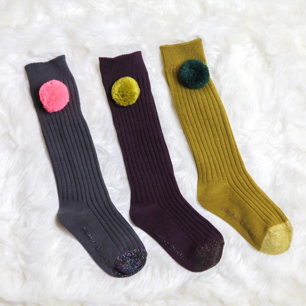 Girls Jeweltone Ribbed Teal Pom Pom Knee Socks